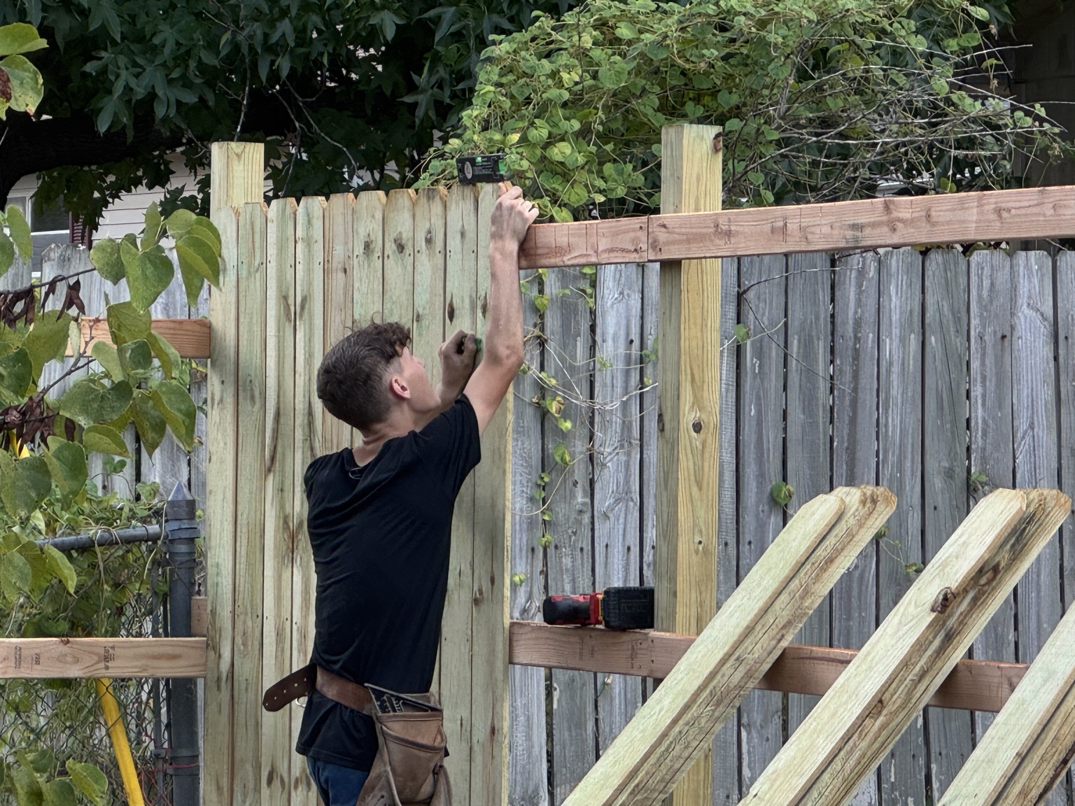Fence rails and pressure treated pickets during installation